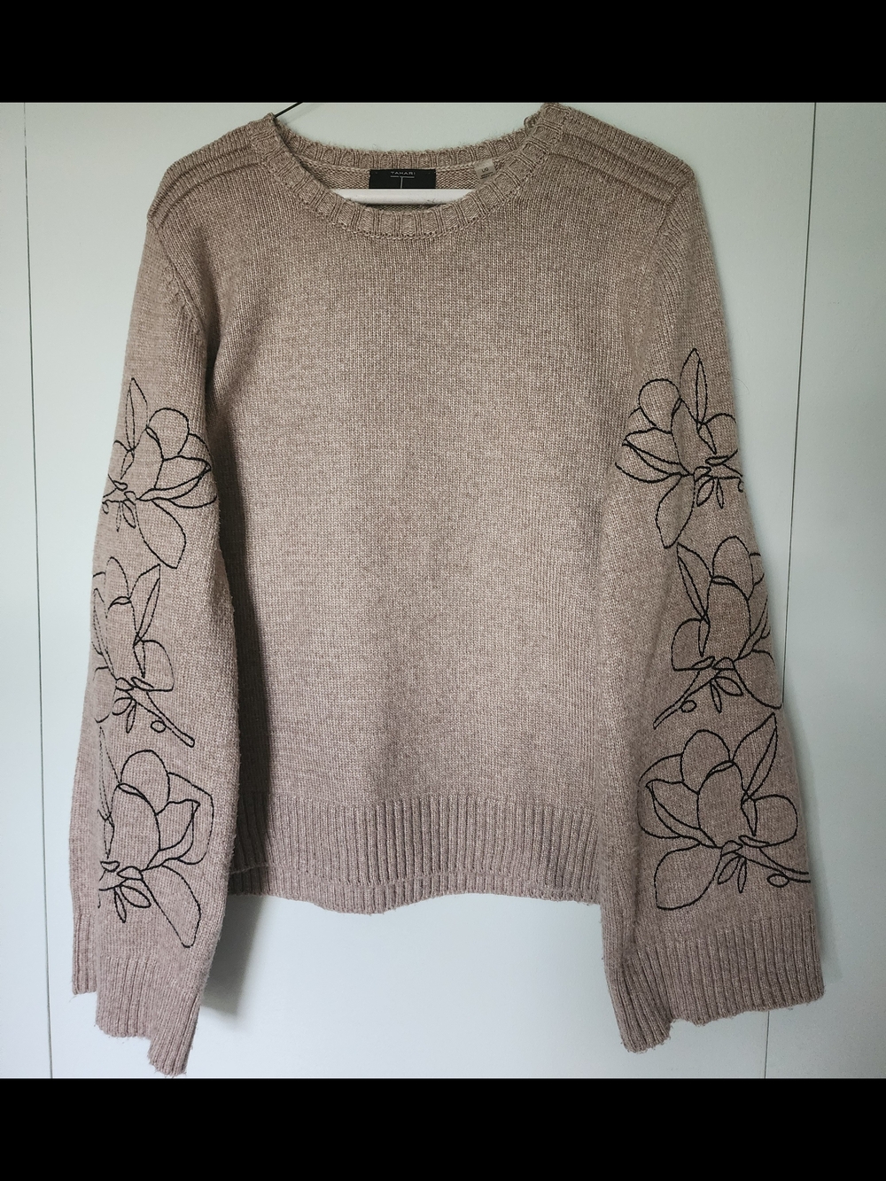 Tahari Taupe Crewneck Sweater with Black Floral Sleeve Embroidery